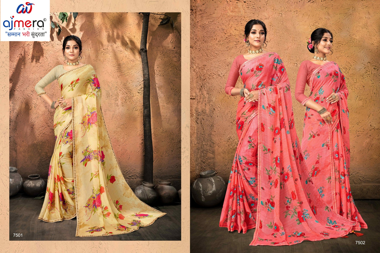 Moss Chiffon Print Loose Saree without Blouse for Premium Ethnic and Traditional Wear | JS-FLOWERY