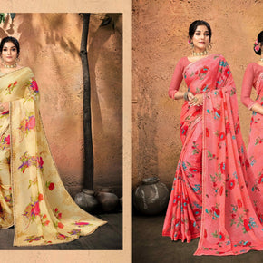 Moss Chiffon Print Loose Saree without Blouse for Premium Ethnic and Traditional Wear | JS-FLOWERY