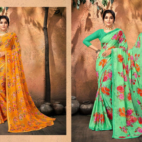 Moss Chiffon Print Loose Saree without Blouse for Premium Ethnic and Traditional Wear | JS-FLOWERY