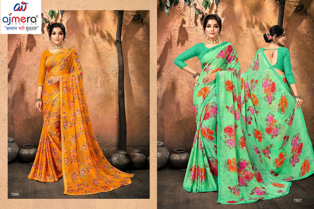 Moss Chiffon Print Loose Saree without Blouse for Premium Ethnic and Traditional Wear | JS-FLOWERY