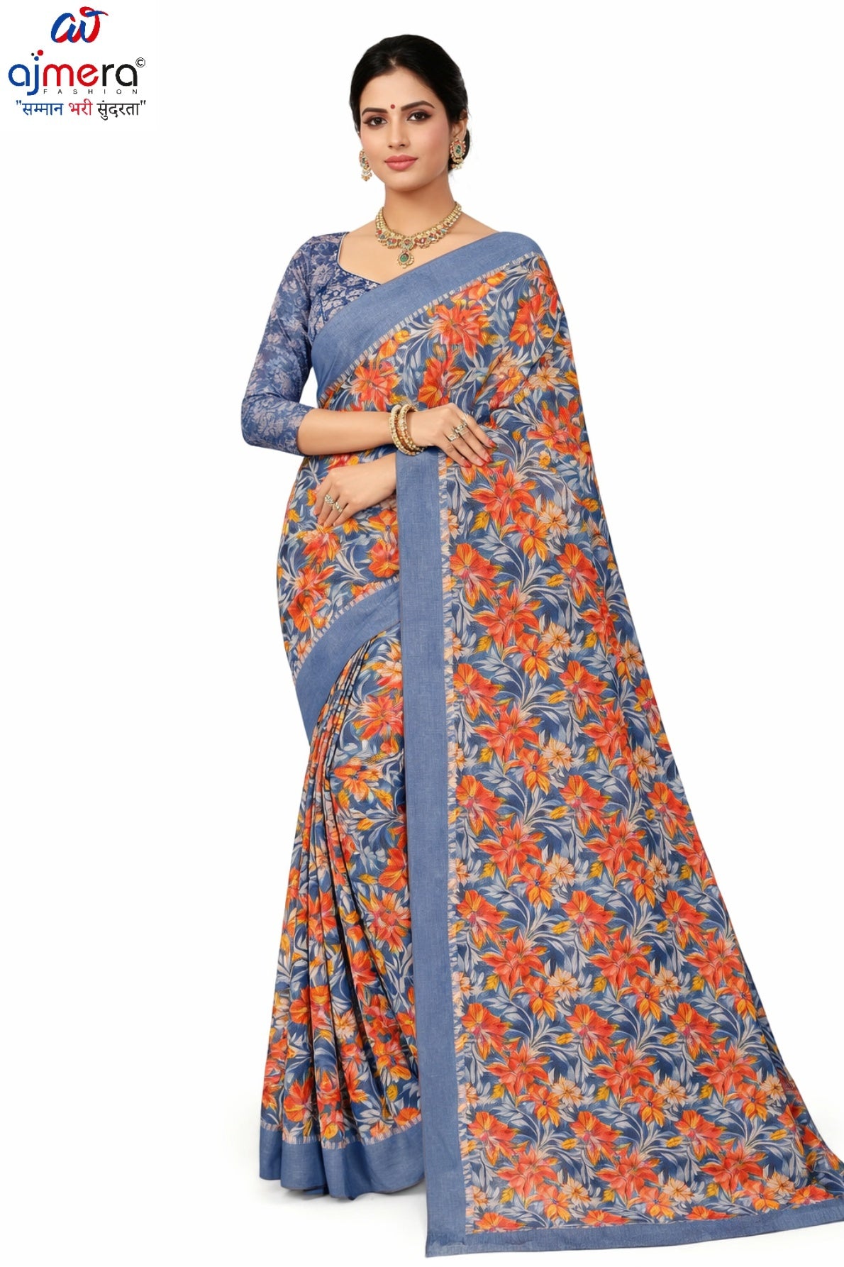 Linen Jari Print Loose Saree with Blouse for Premium Ethnic and Traditional Wear | SBI-SATIN SILK