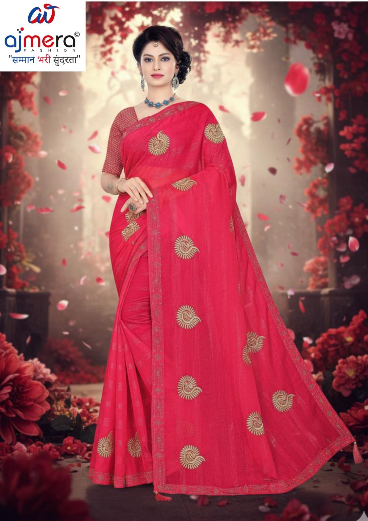 Embroidery Dyed Matching Saree with Blouse Piece for Premium Ethnic and Traditional Wear | VKM-TESLA