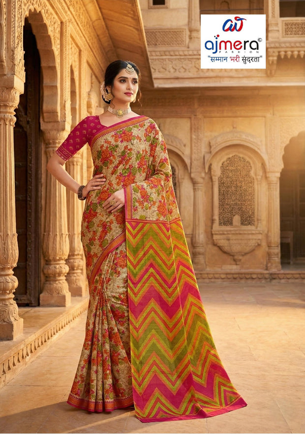 Printed Cotton Saree with Blouse Piece for Premium Ethnic and Traditional Wear | ASS-DIGITAL MOONGA FLOWER VOL-1