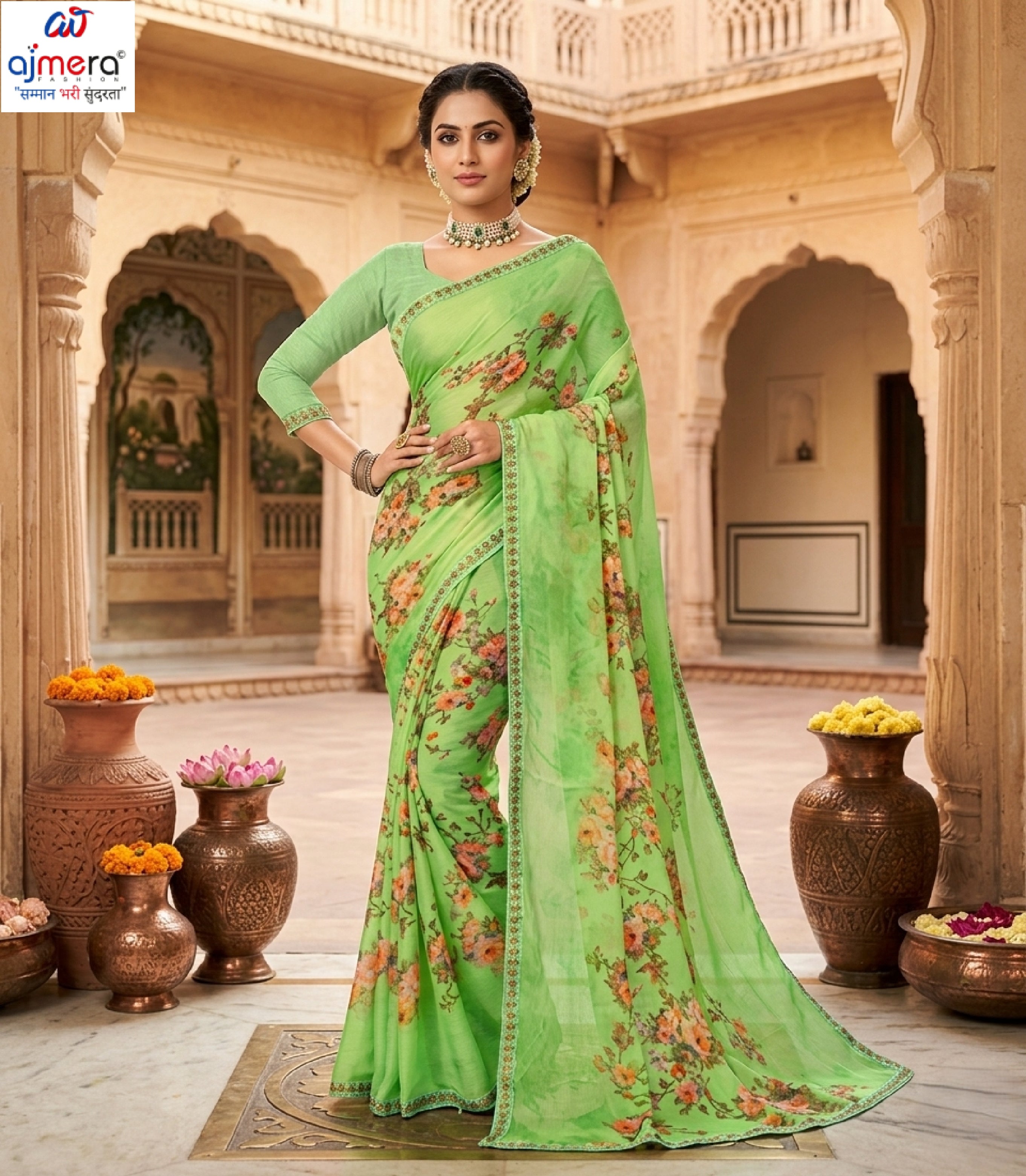 Moss Chiffon Print Loose Saree without Blouse for Premium Ethnic and Traditional Wear | JS-FLOWERY
