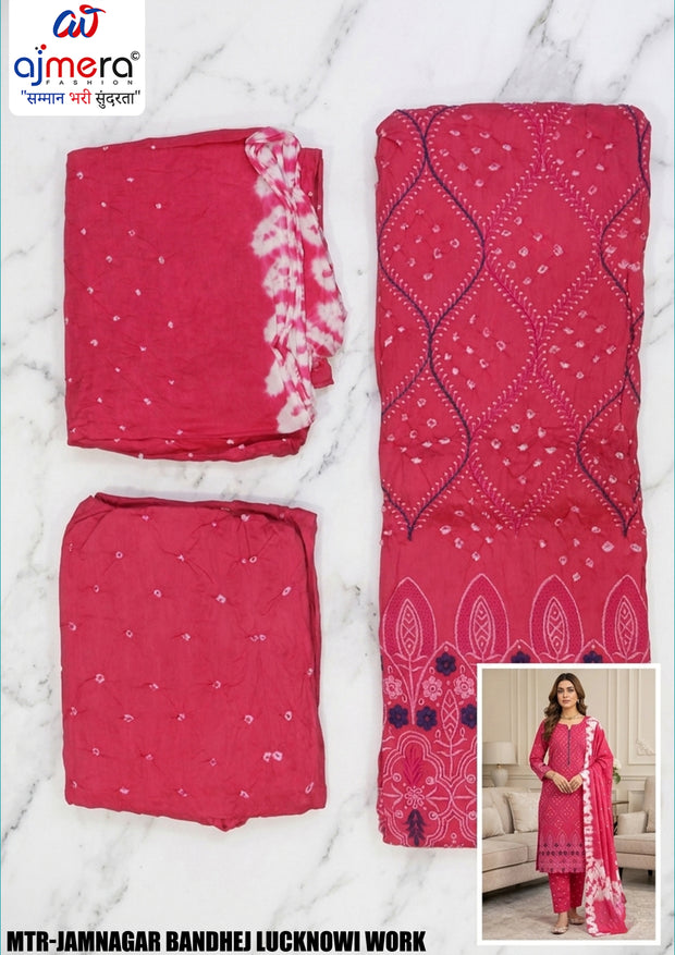 Premium Jamnagar Bandhej Lucknowi Work Unstitched Suit Set | MTR-JAMNAGAR BANDHEJ LUCKNOWI WORK