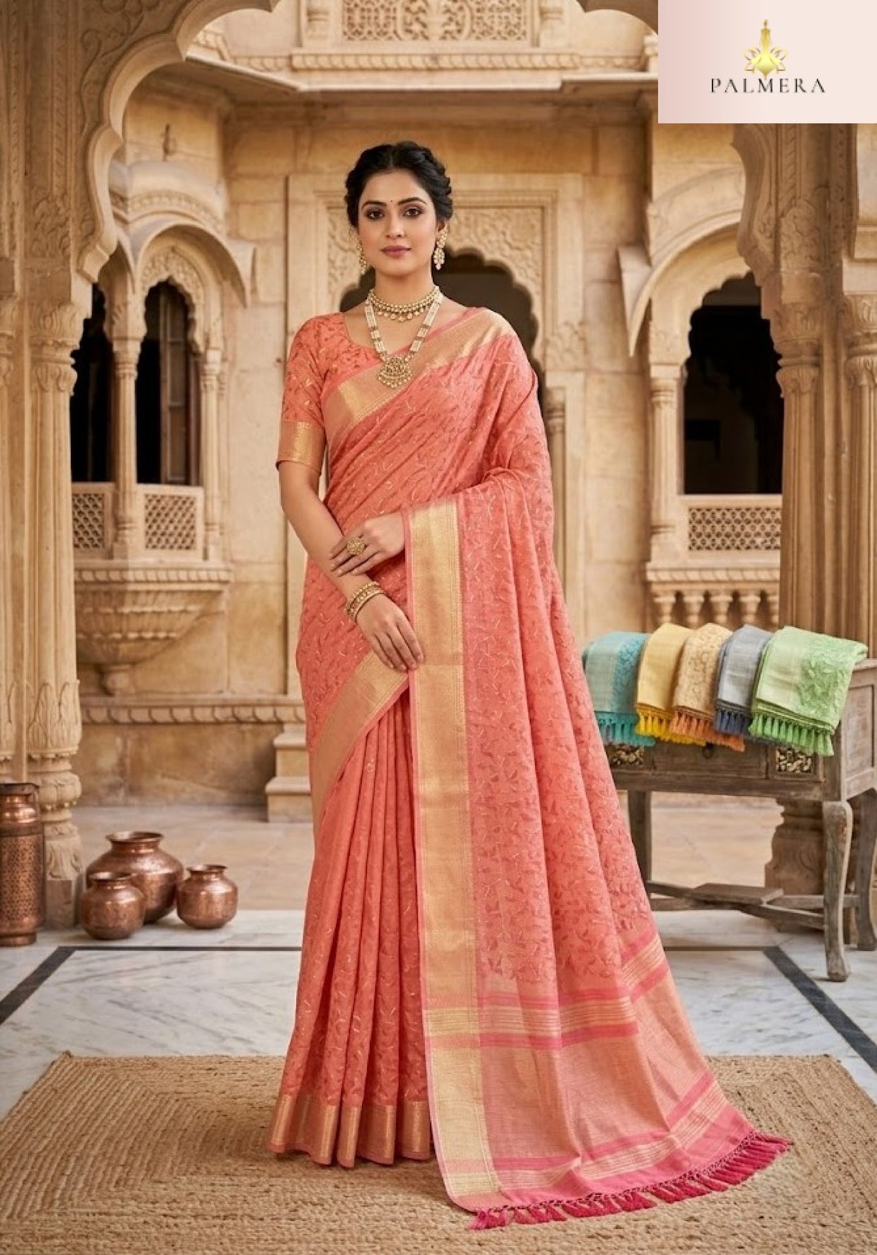 Apricot Linen Saree with Blouse for Premium Ethnic and Party Wear | ALL-APRICOT-02