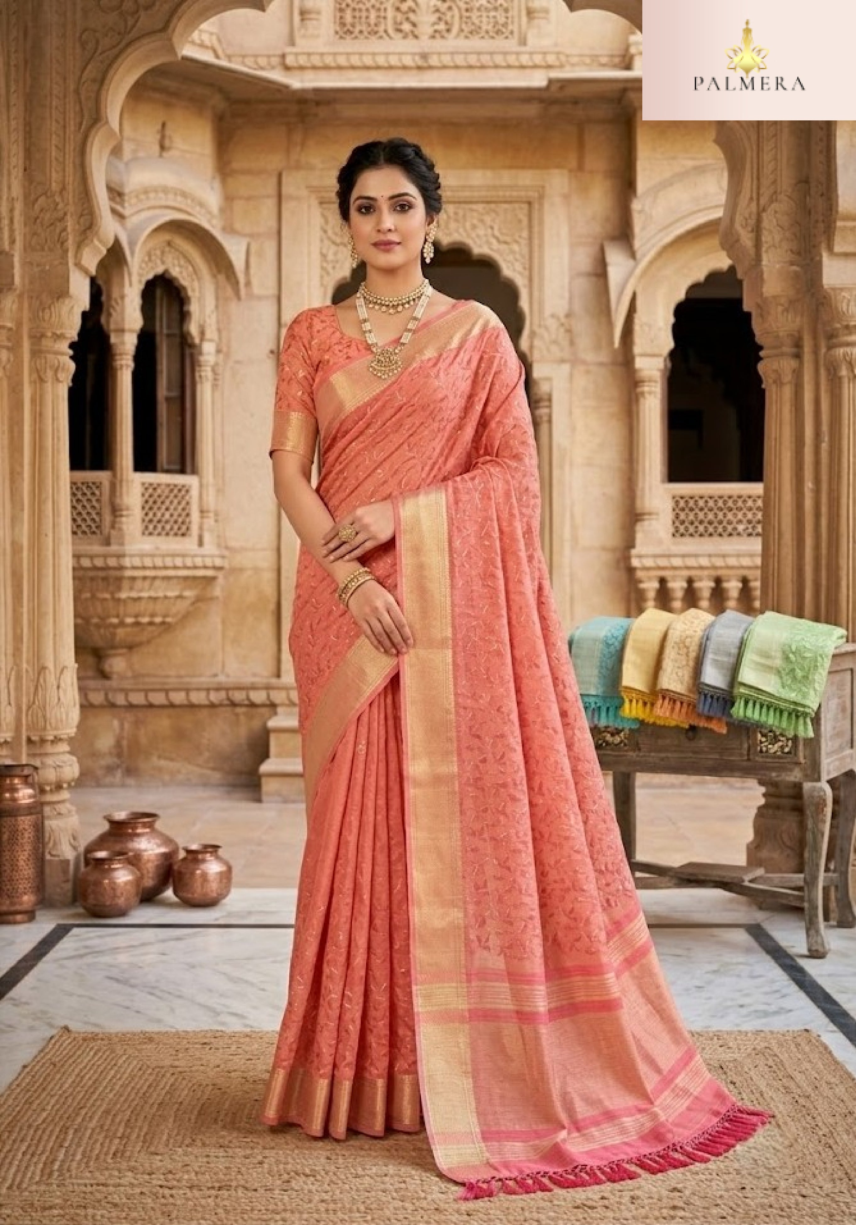 Apricot Linen Saree with Blouse for Premium Ethnic and Party Wear | ALL-APRICOT-02
