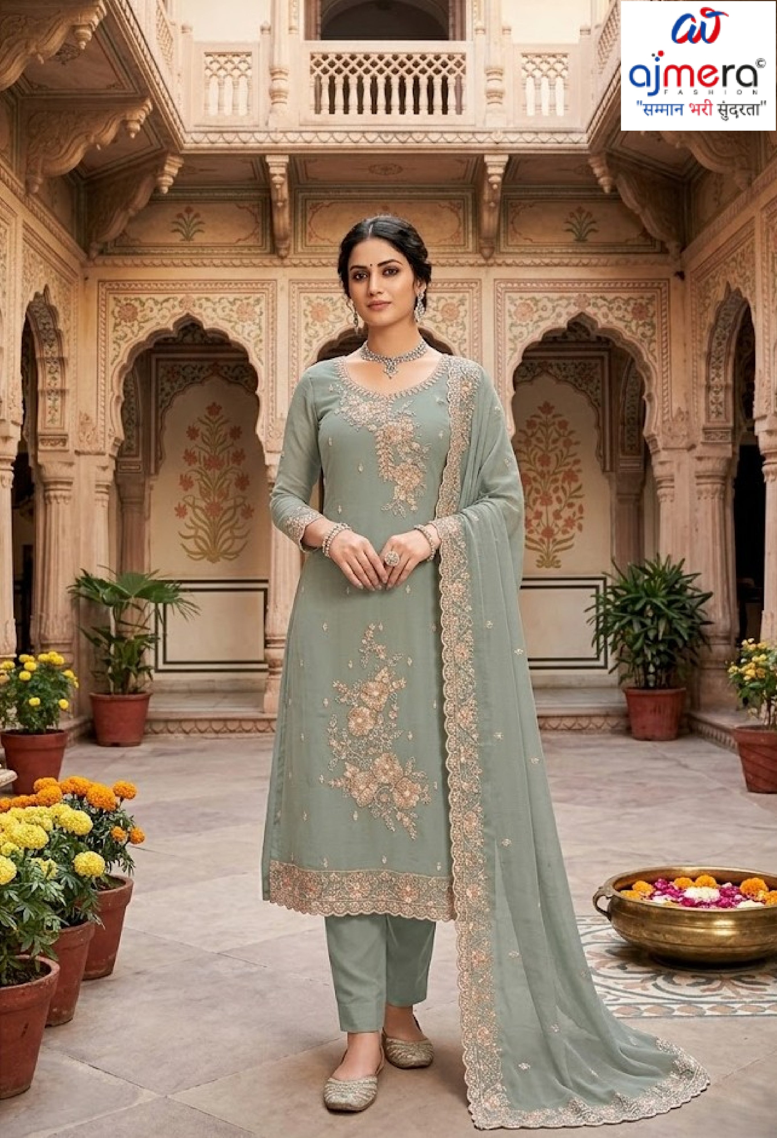 Designer Chiffon Jari Semi-Stitched Suit | FID-9117