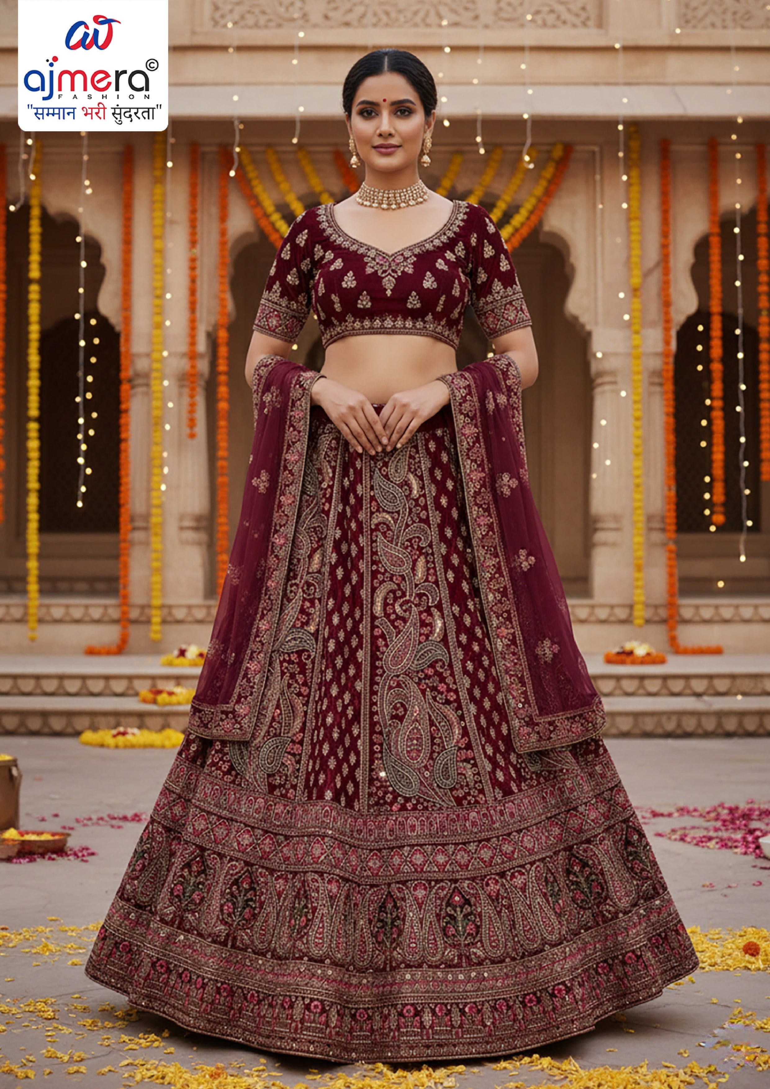 Velvet Embroidery Lehenga Choli Manufacturer Supplier Exporter|AFN-617