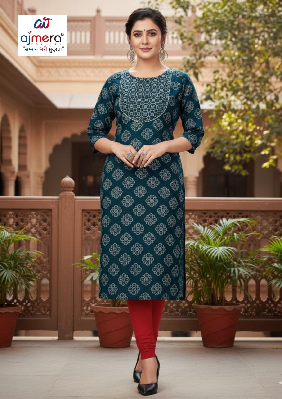 Designer Printed Work Kurti for Women | KRJ-REYON PRINT WITH WORK