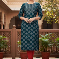 Designer Printed Work Kurti for Women | KRJ-REYON PRINT WITH WORK