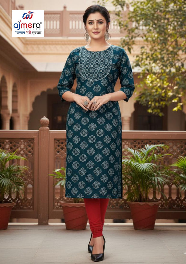Designer Printed Work Kurti for Women | KRJ-REYON PRINT WITH WORK