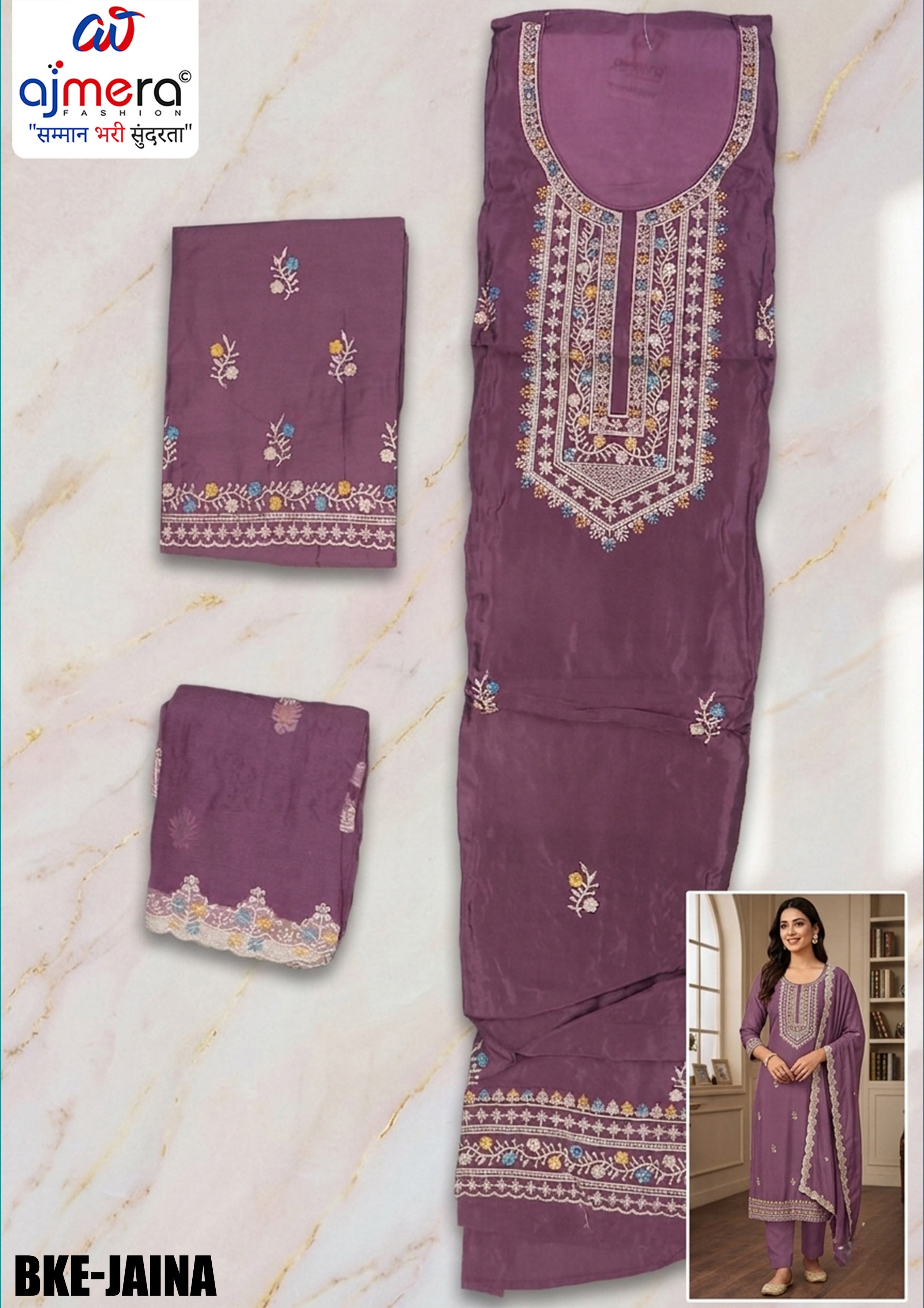Elegant Glass Organza Unstitched Suit Set | BKE-JAINA