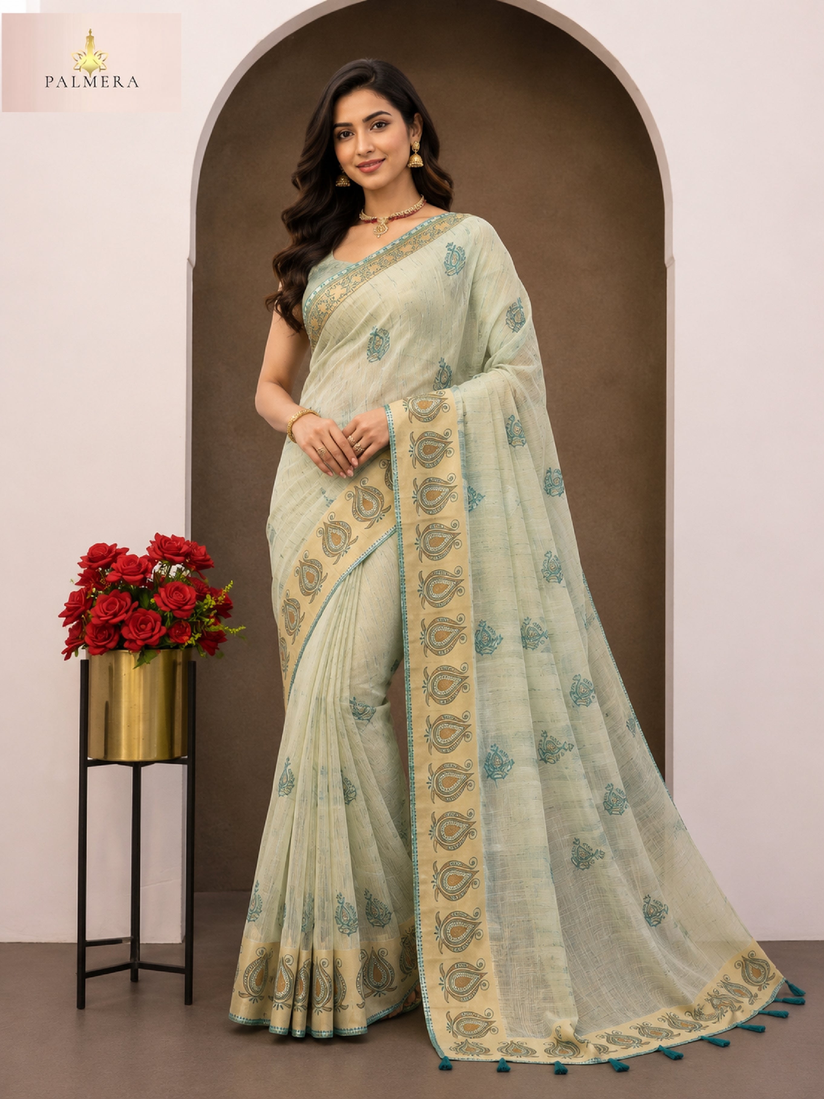 Apricot Linen Saree with Blouse for Premium Ethnic Occasion Wear | ALL-APRICOT-117