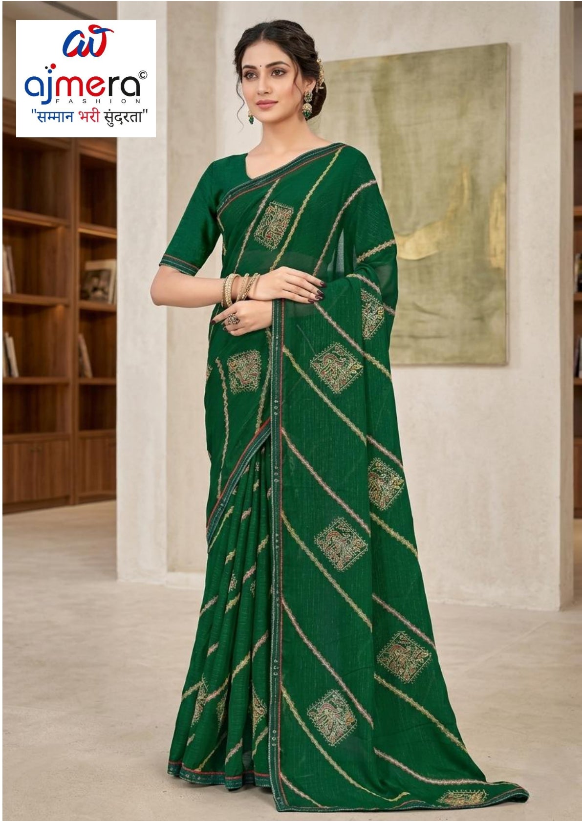 Zomato Print Loose Saree with Blouse for Premium Ethnic and Traditional Wear | CAS-ROYAL GREEN