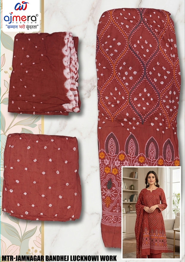 Premium Jamnagar Bandhej Lucknowi Work Unstitched Suit Set | MTR-JAMNAGAR BANDHEJ LUCKNOWI WORK