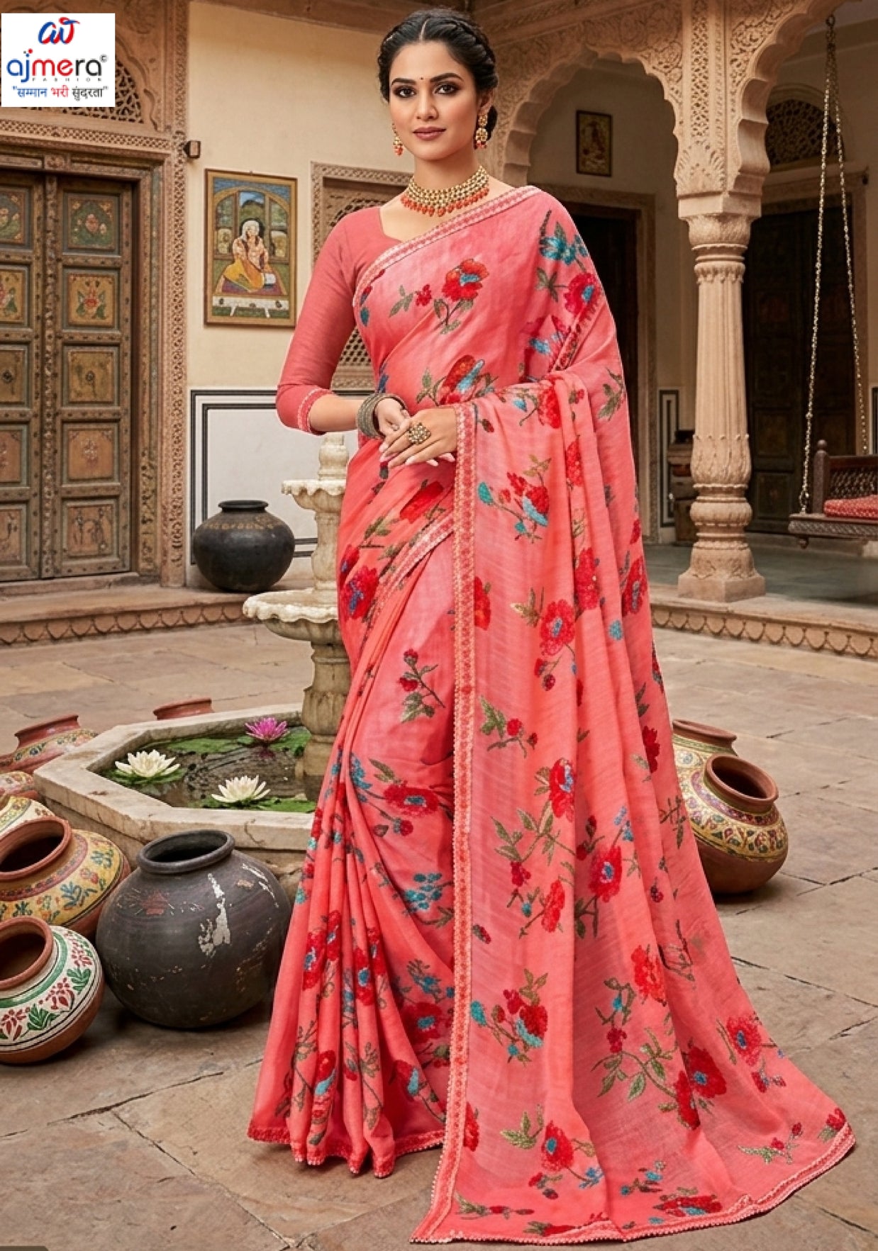 Moss Chiffon Print Loose Saree without Blouse for Premium Ethnic and Traditional Wear | JS-FLOWERY