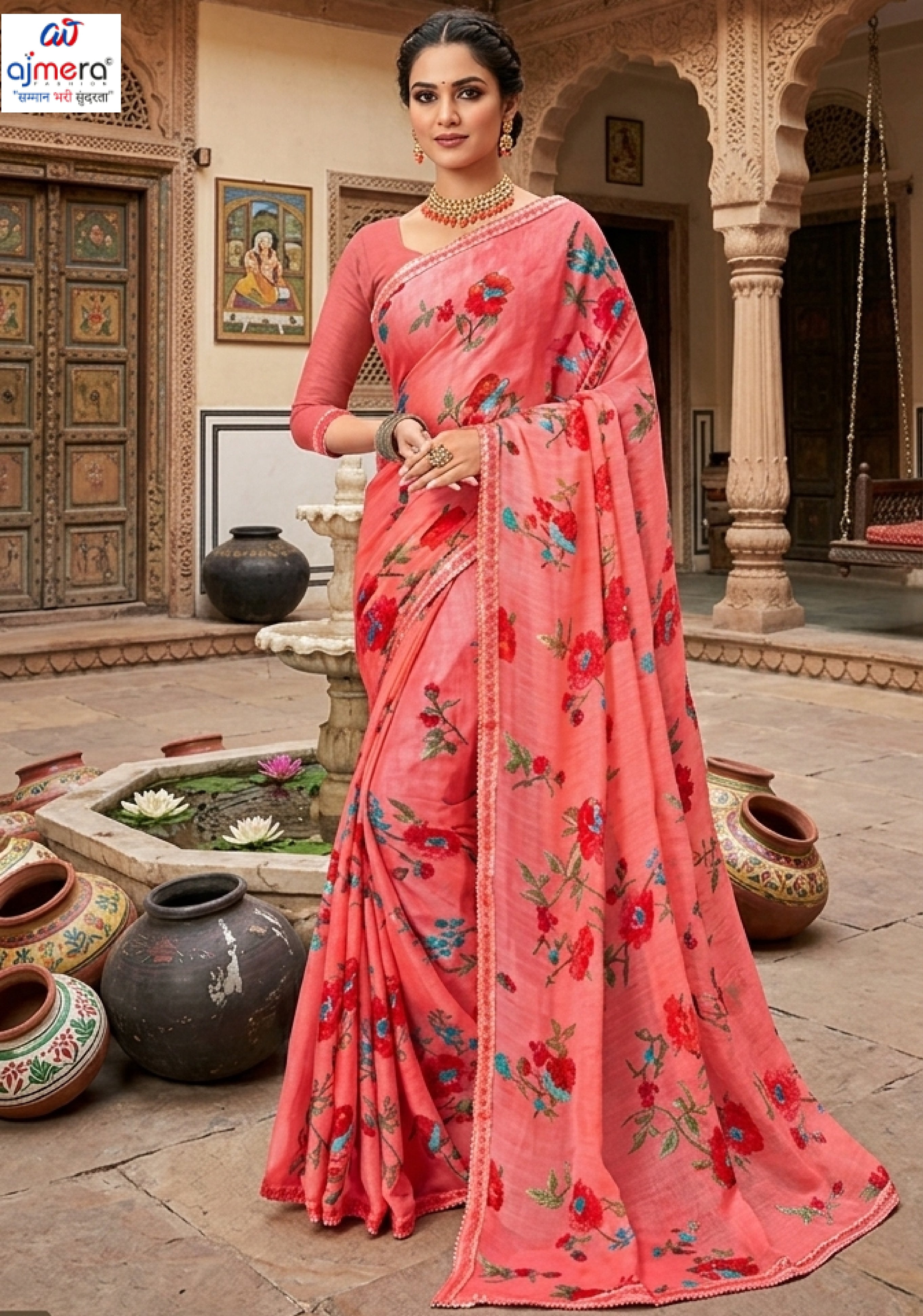 Moss Chiffon Print Loose Saree without Blouse for Premium Ethnic and Traditional Wear | JS-FLOWERY