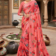 Moss Chiffon Print Loose Saree without Blouse for Premium Ethnic and Traditional Wear | JS-FLOWERY