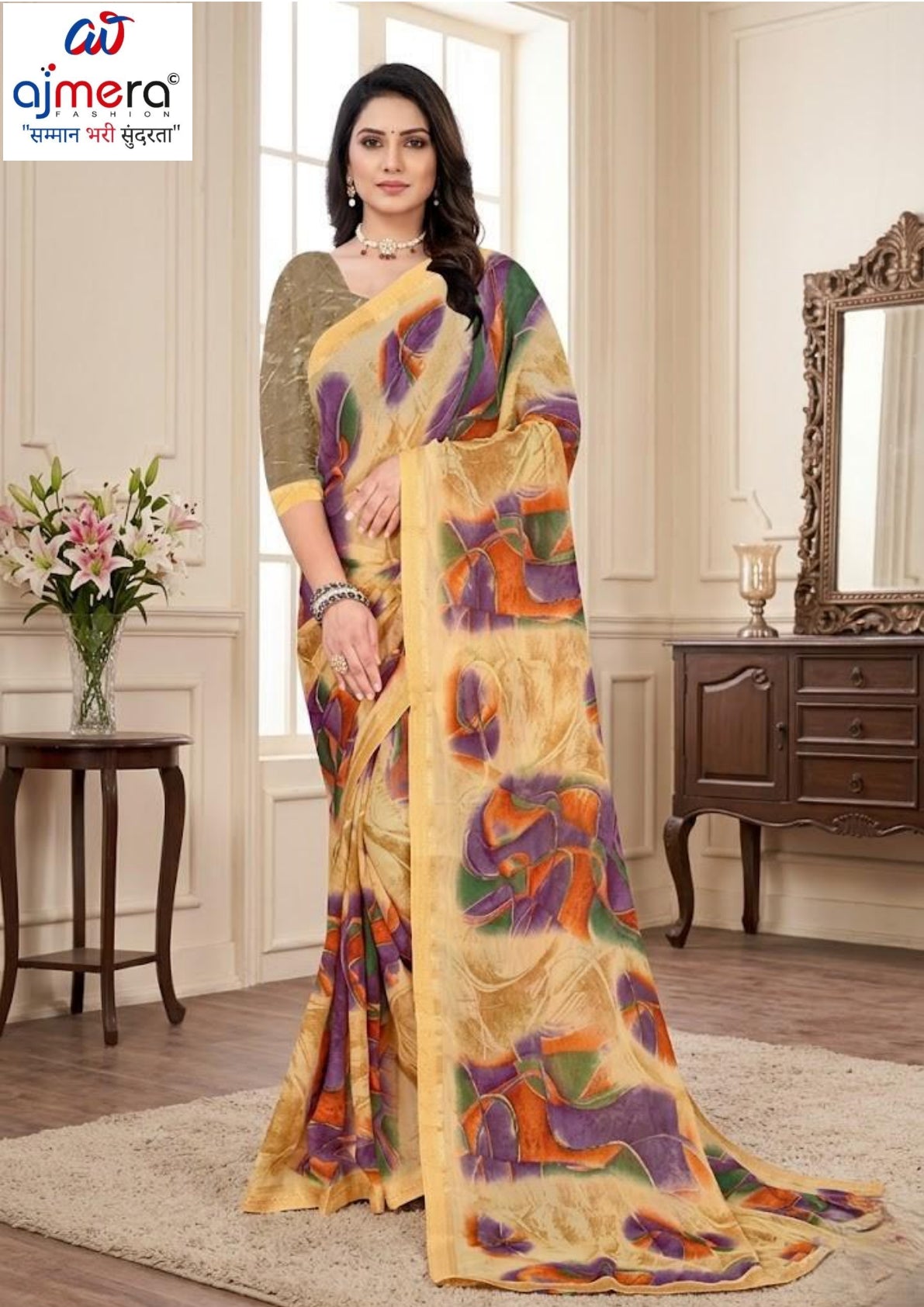 Chiffon Print Loose Saree with Blouse for Premium Ethnic and Traditional Wear | TTS-VISHWA