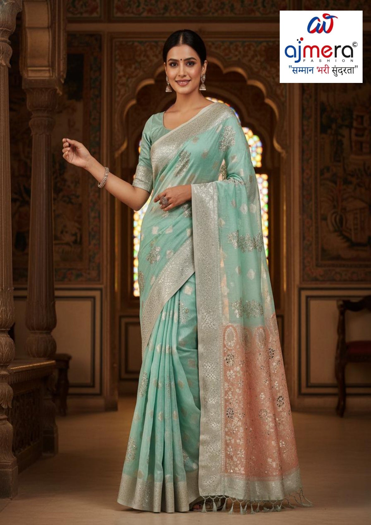 Sophisticated Rapier Silk Matching Saree With Blouse Piece | SOJ-PUSHPA LINEN SAROSKI