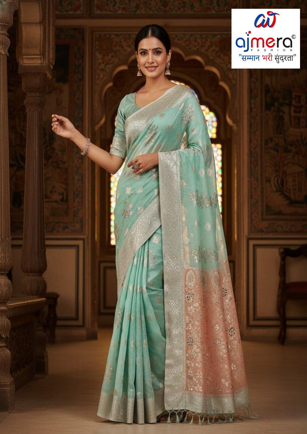 Sophisticated Rapier Silk Matching Saree With Blouse Piece | SOJ-PUSHPA LINEN SAROSKI