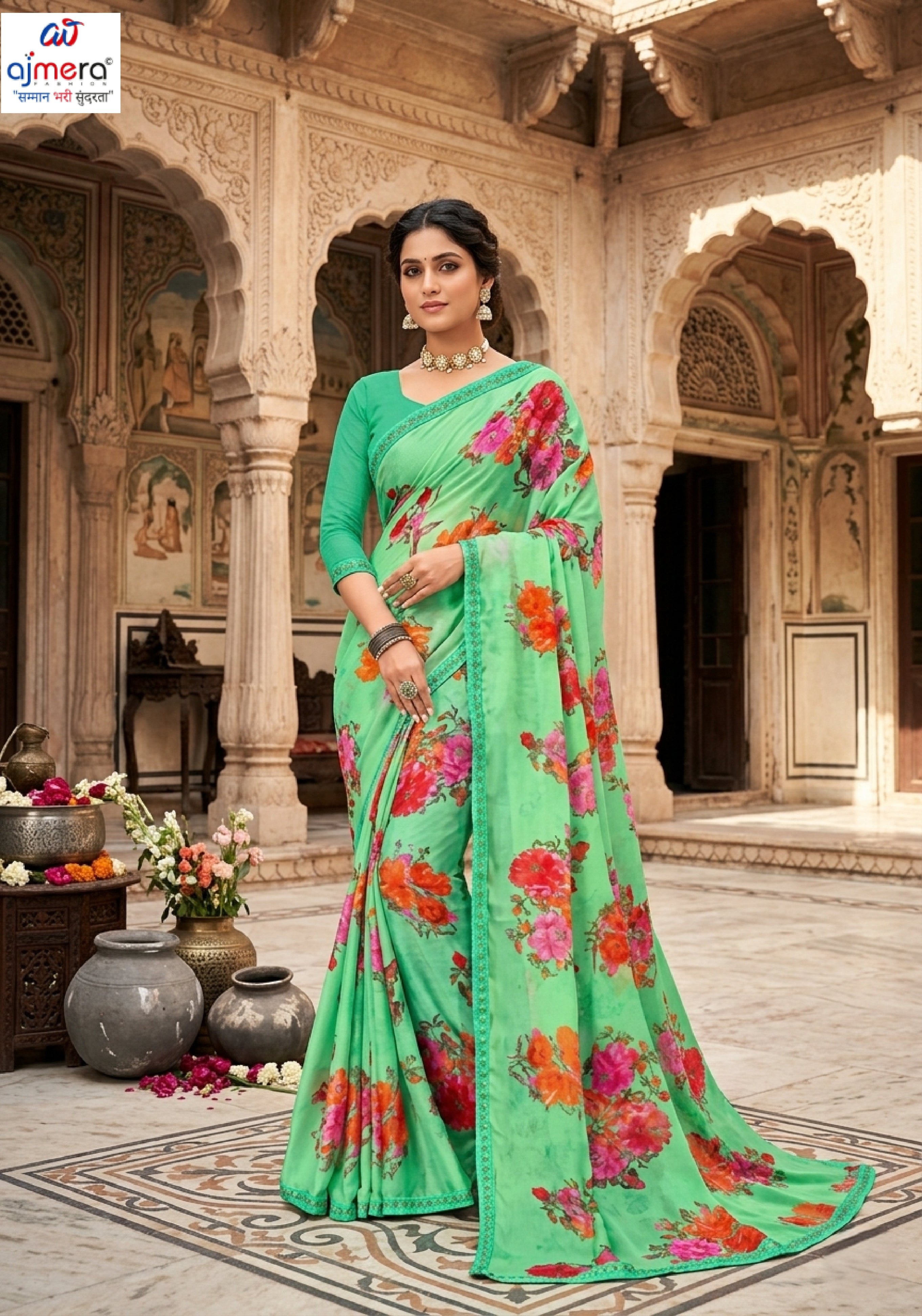 Moss Chiffon Print Loose Saree without Blouse for Premium Ethnic and Traditional Wear | JS-FLOWERY