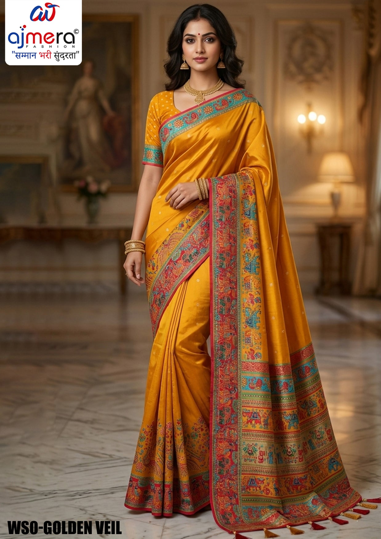 Loom Crafted Jacquard Silk Saree With Blouse Piece | WSO-GOLDEN VEIL