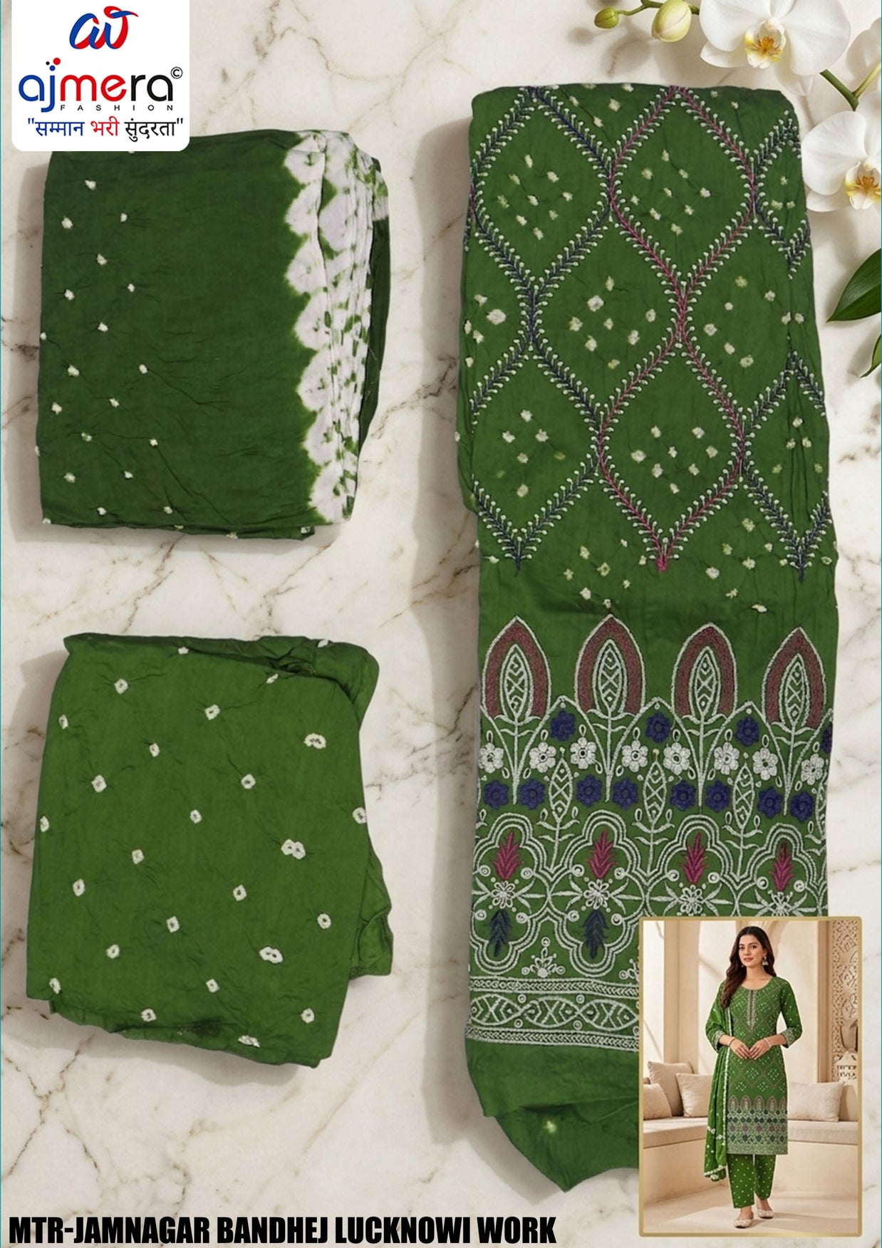 Premium Jamnagar Bandhej Lucknowi Work Unstitched Suit Set | MTR-JAMNAGAR BANDHEJ LUCKNOWI WORK