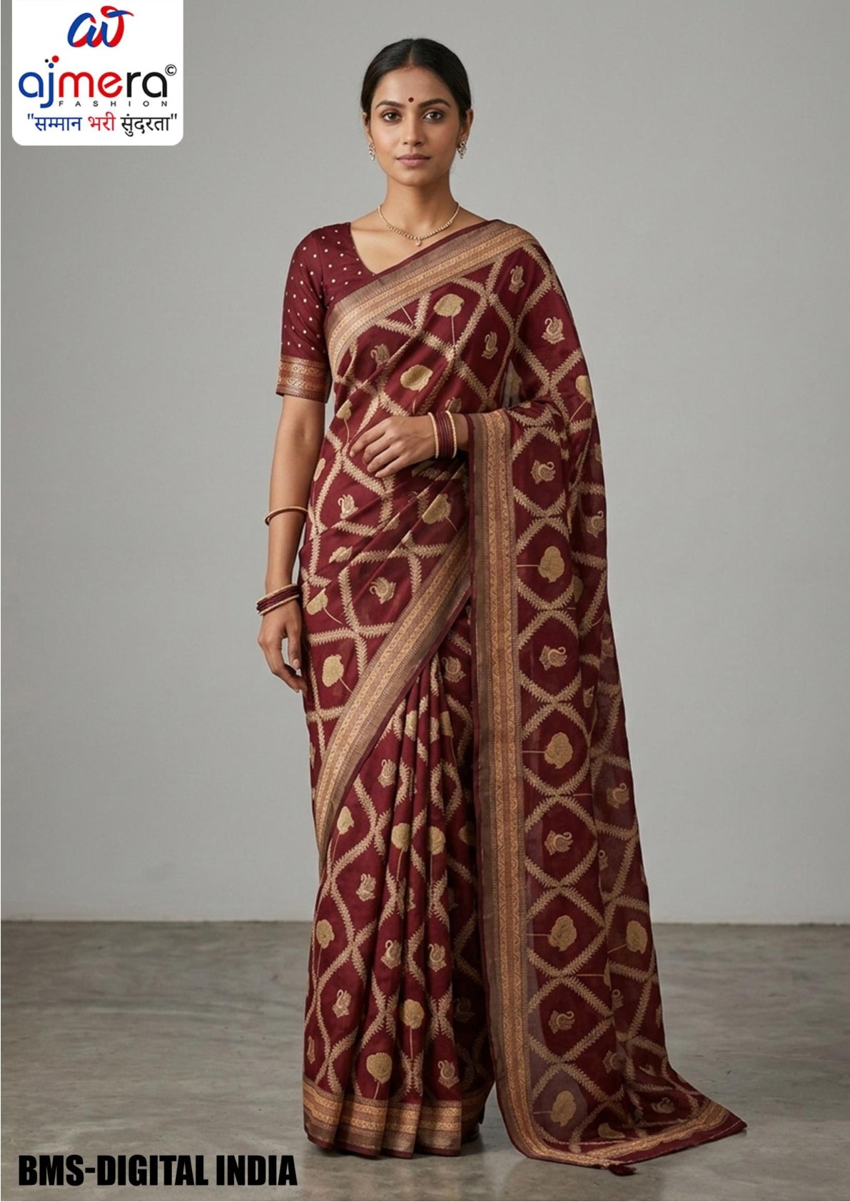 Dull Moss Brasso Print Loose Saree with Blouse for Premium Ethnic and Traditional Wear | BMS-DIGITAL INDIA