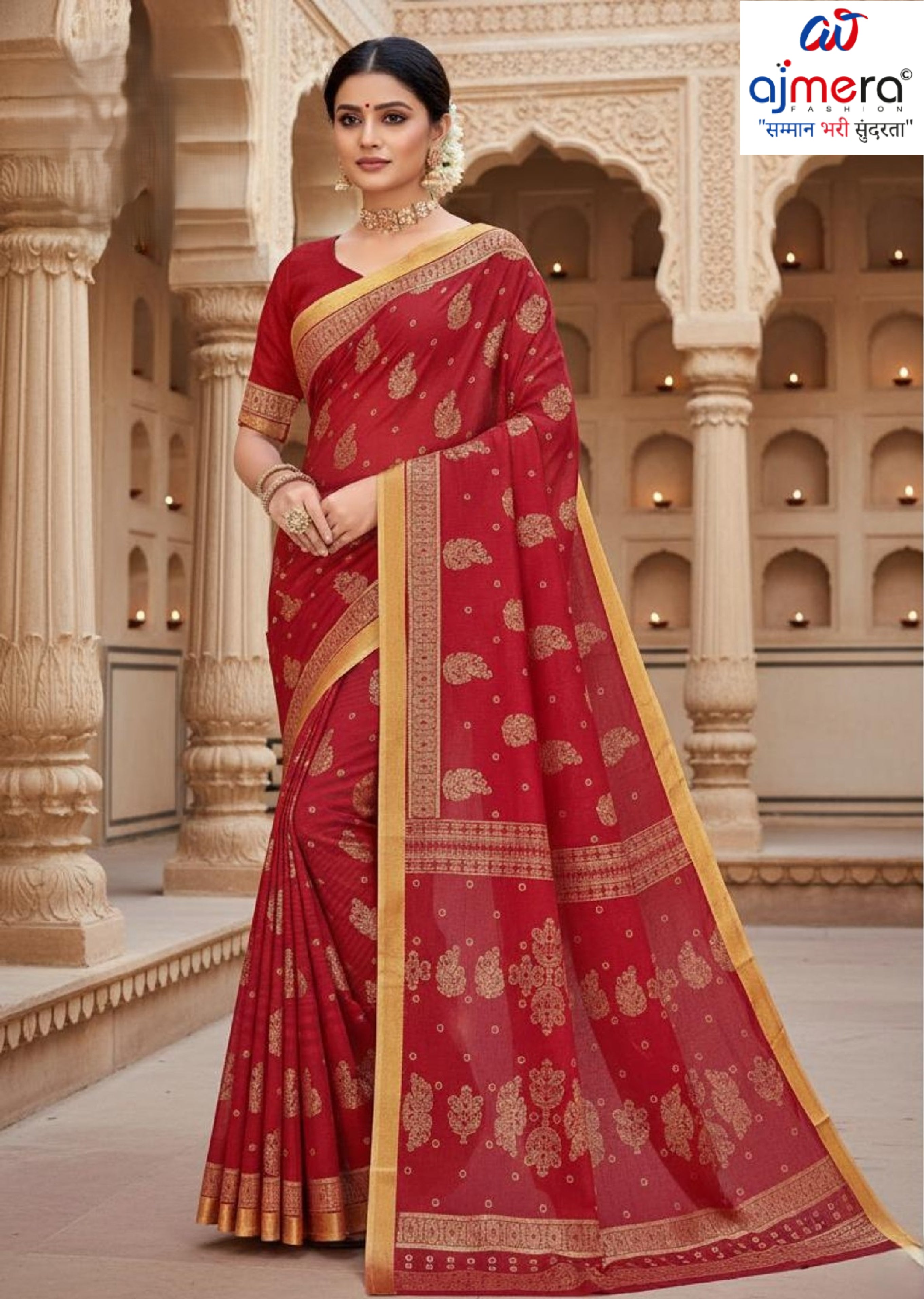Premium Cotton Saree with Without Blouse for Premium Ethnic and Traditional Wear | MSS-SHIV SUZUKI FOIL RED