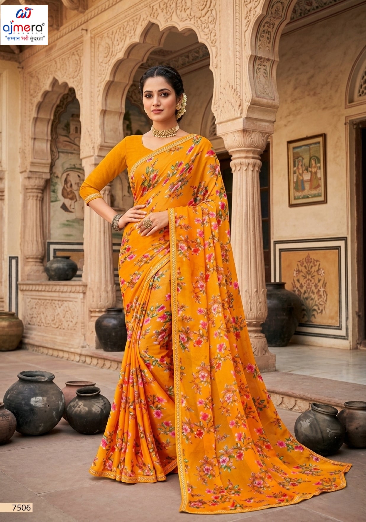 Moss Chiffon Print Loose Saree without Blouse for Premium Ethnic and Traditional Wear | JS-FLOWERY