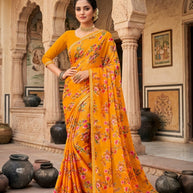 Moss Chiffon Print Loose Saree without Blouse for Premium Ethnic and Traditional Wear | JS-FLOWERY