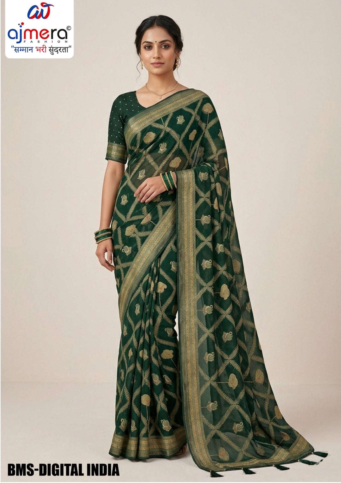 Dull Moss Brasso Print Loose Saree with Blouse for Premium Ethnic and Traditional Wear | BMS-DIGITAL INDIA
