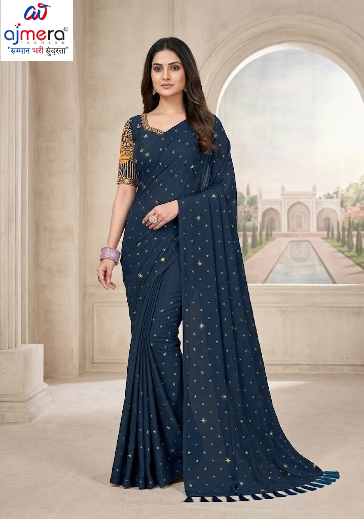 Georgette Indian Dyed Matching Saree with Blouse Piece for Premium Ethnic and Traditional Wear | RLL-ORIGNAL PEACOCK-1