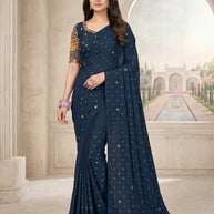 Georgette Indian Dyed Matching Saree with Blouse Piece for Premium Ethnic and Traditional Wear | RLL-ORIGNAL PEACOCK-1