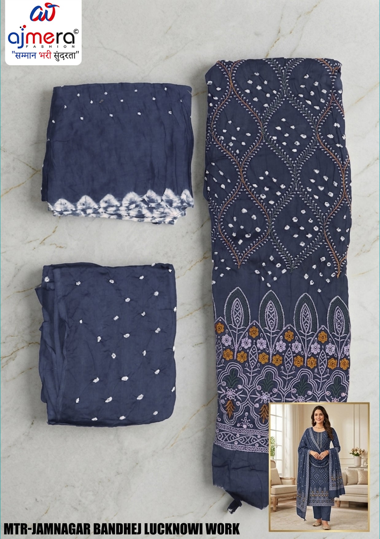 Premium Jamnagar Bandhej Lucknowi Work Unstitched Suit Set | MTR-JAMNAGAR BANDHEJ LUCKNOWI WORK
