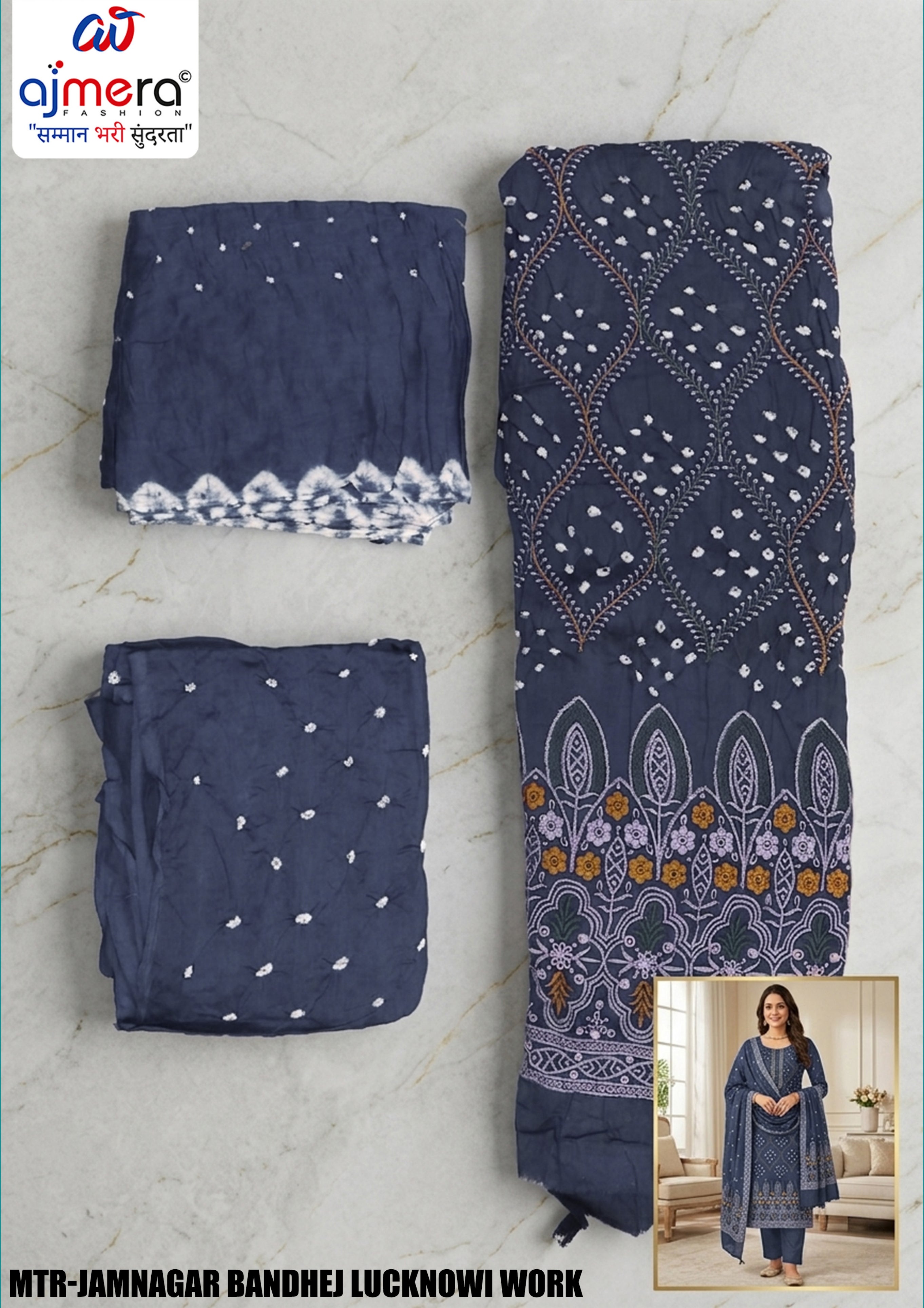Premium Jamnagar Bandhej Lucknowi Work Unstitched Suit Set | MTR-JAMNAGAR BANDHEJ LUCKNOWI WORK