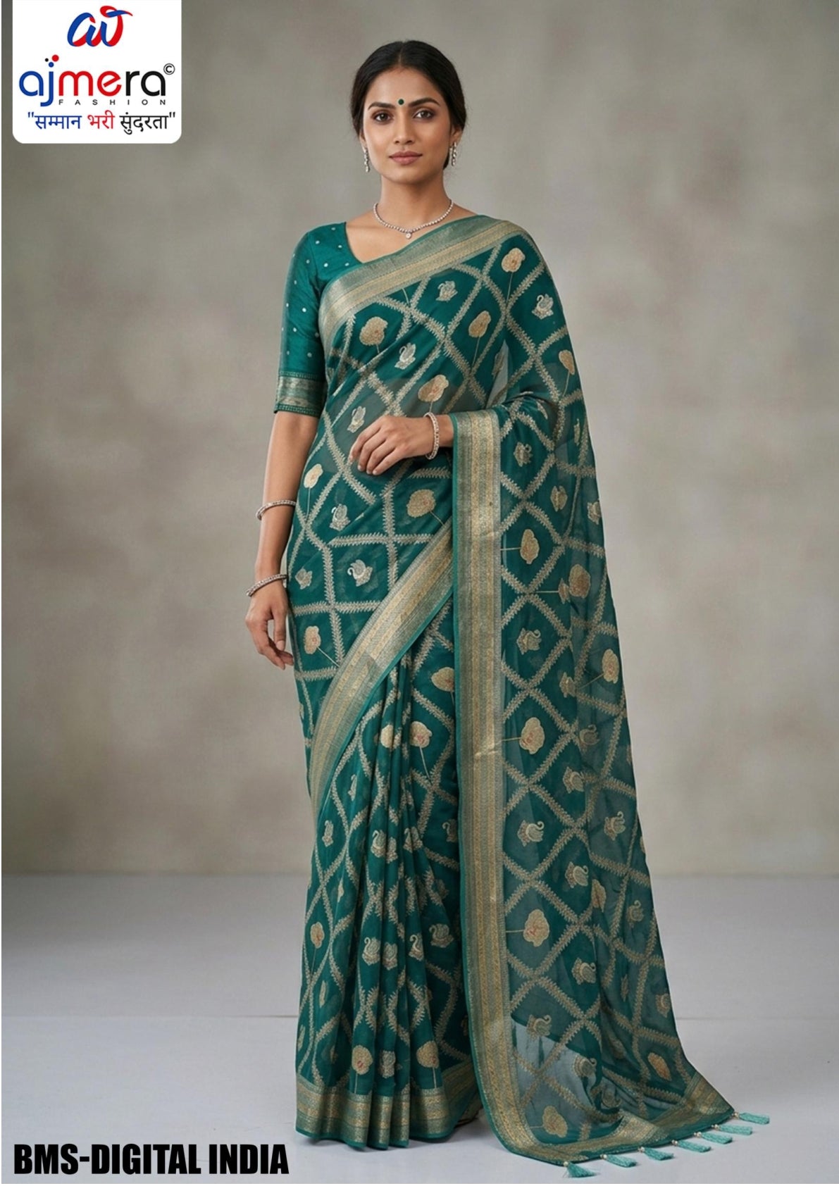 Dull Moss Brasso Print Loose Saree with Blouse for Premium Ethnic and Traditional Wear | BMS-DIGITAL INDIA