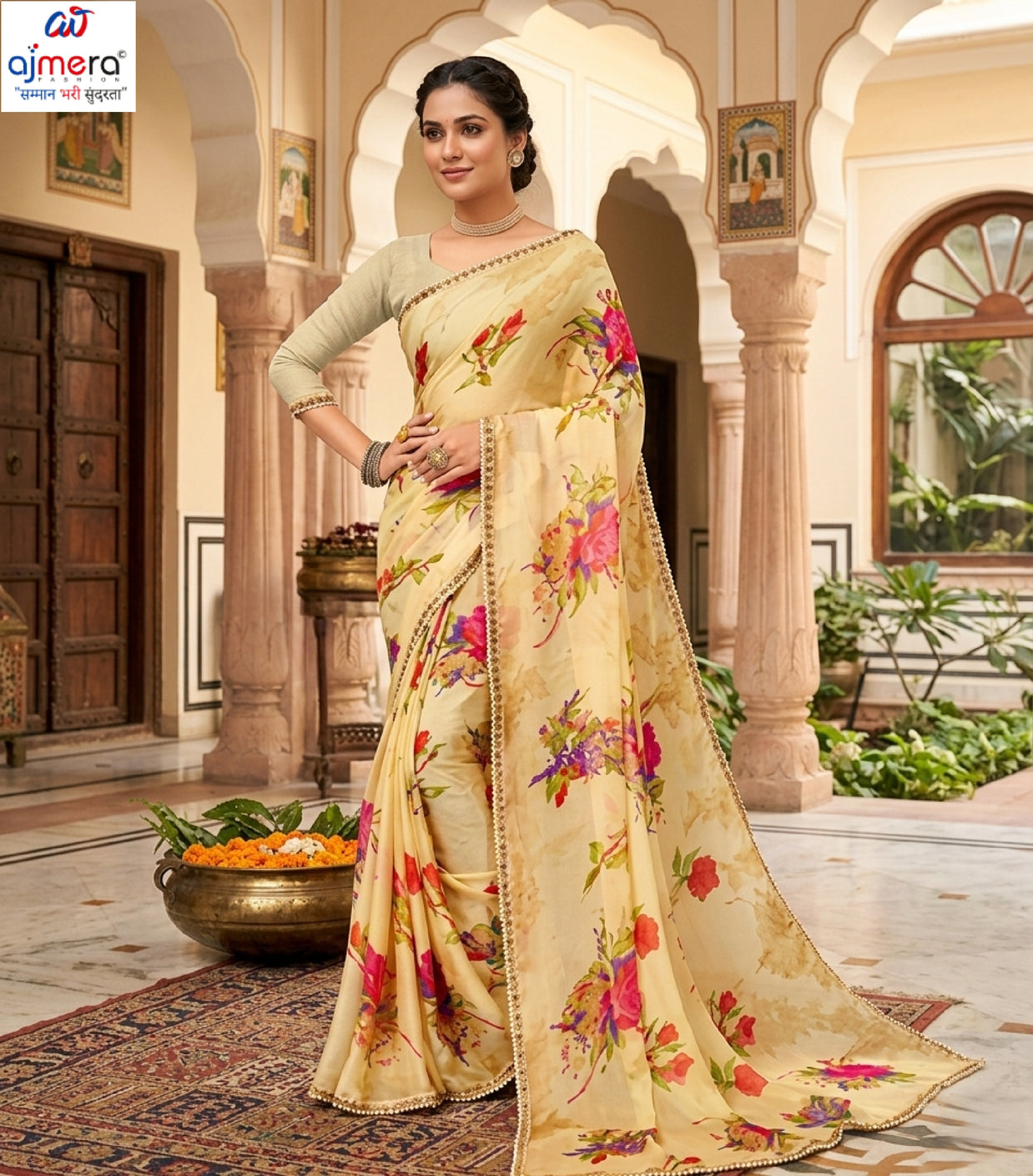 Moss Chiffon Print Loose Saree without Blouse for Premium Ethnic and Traditional Wear | JS-FLOWERY