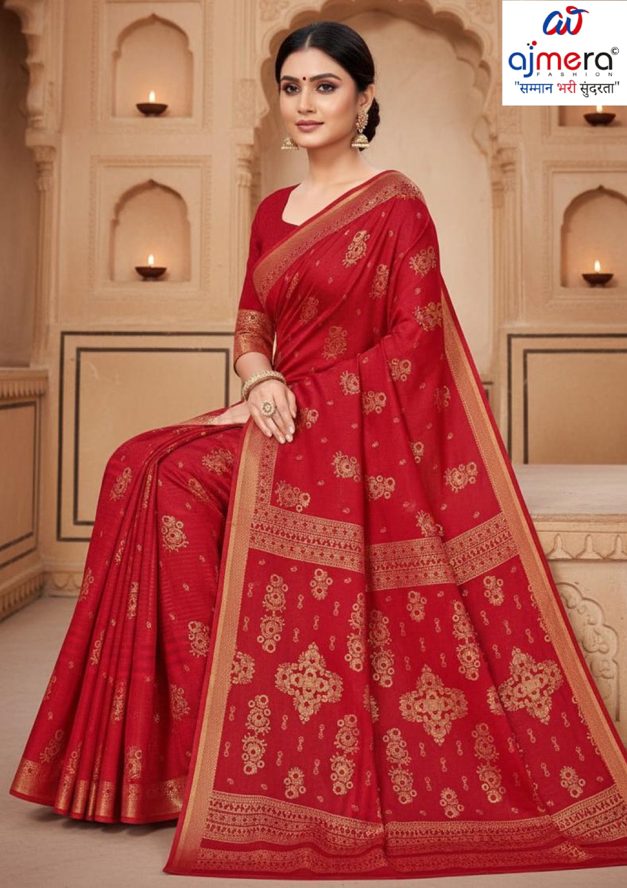 Premium Cotton Saree with Without Blouse for Premium Ethnic and Traditional Wear | MSS-SHIV SUZUKI FOIL RED