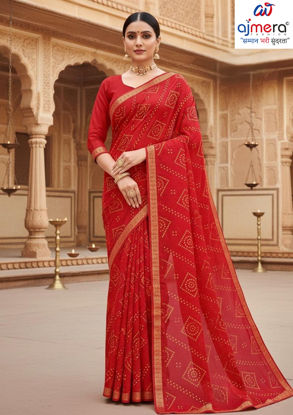 Designer Cotton Saree with Without Blouse for Premium Ethnic and Traditional Wear | MSS-SHIV JAYPOUR BANDHEJ RED