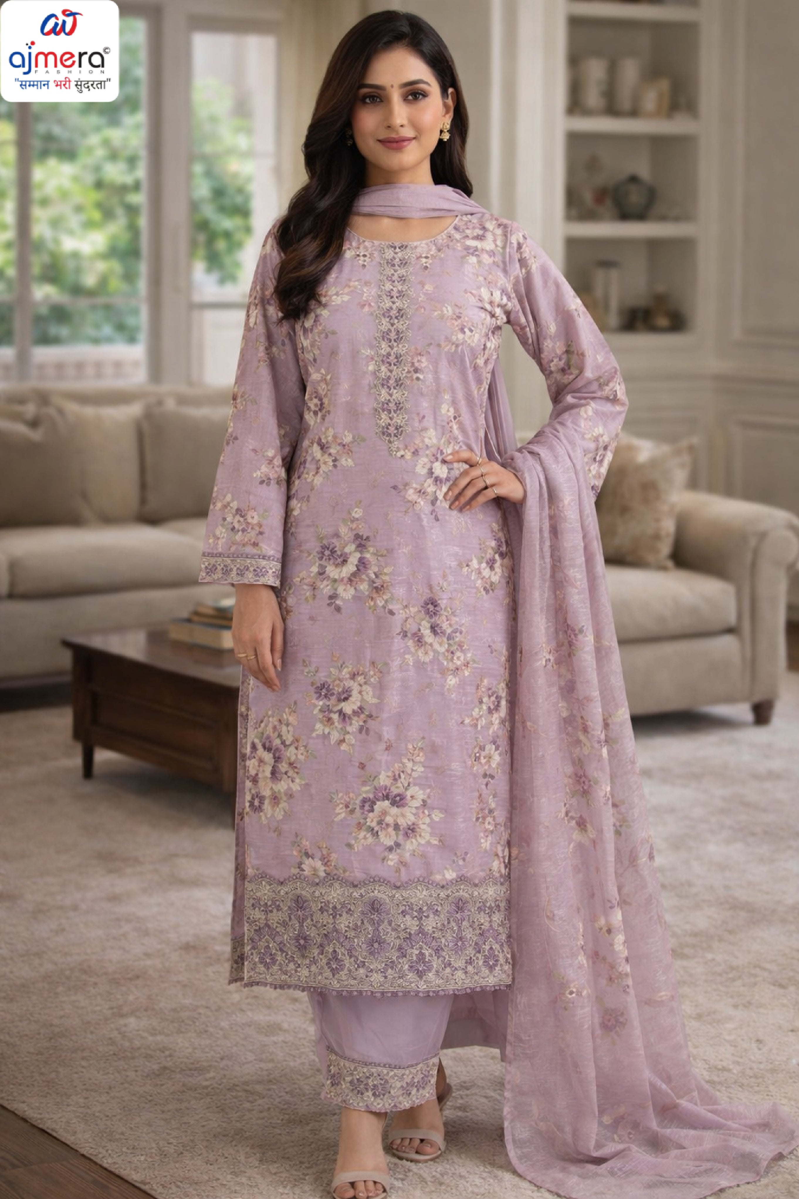 Premium Cambric Cotton Unstitched Suit Set | VAS-FLORAL FOREVER-2