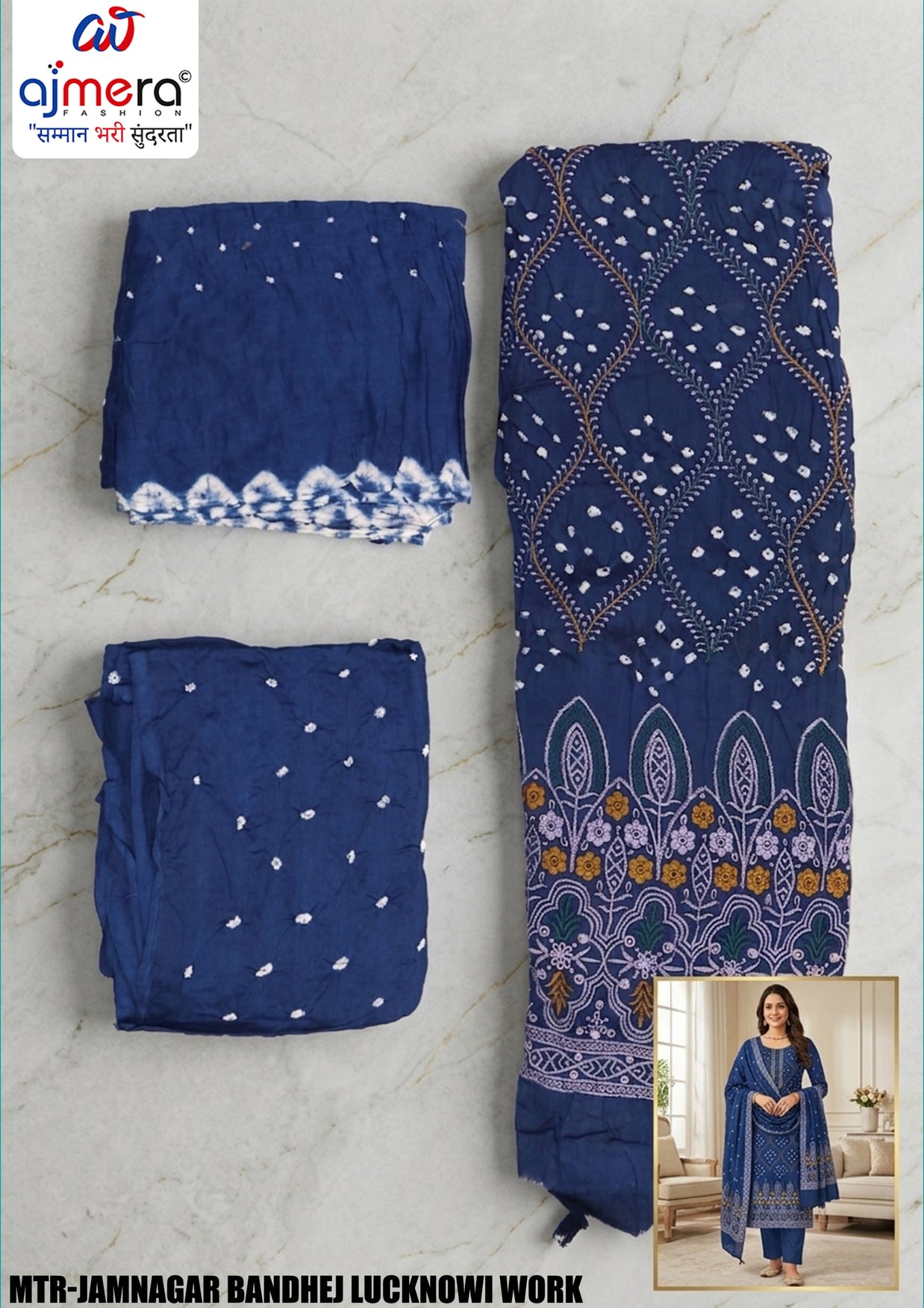 Premium Jamnagar Bandhej Lucknowi Work Unstitched Suit Set | MTR-JAMNAGAR BANDHEJ LUCKNOWI WORK