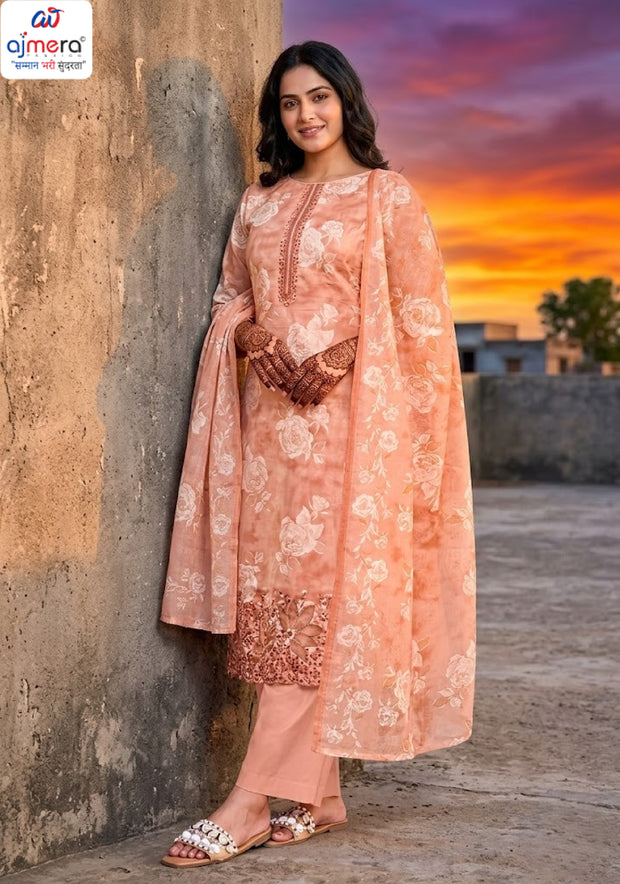 Premium Cambric Cotton Unstitched Suit Set | VAS-COPPER DIAMOND