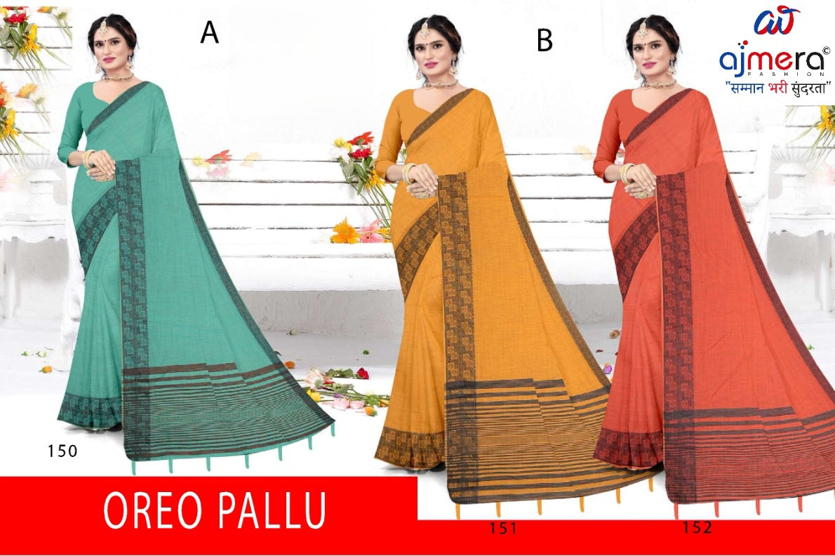 Traditional Cotton Saree with Blouse Piece for Premium Ethnic and Traditional Wear | VKF-OREO PALLU