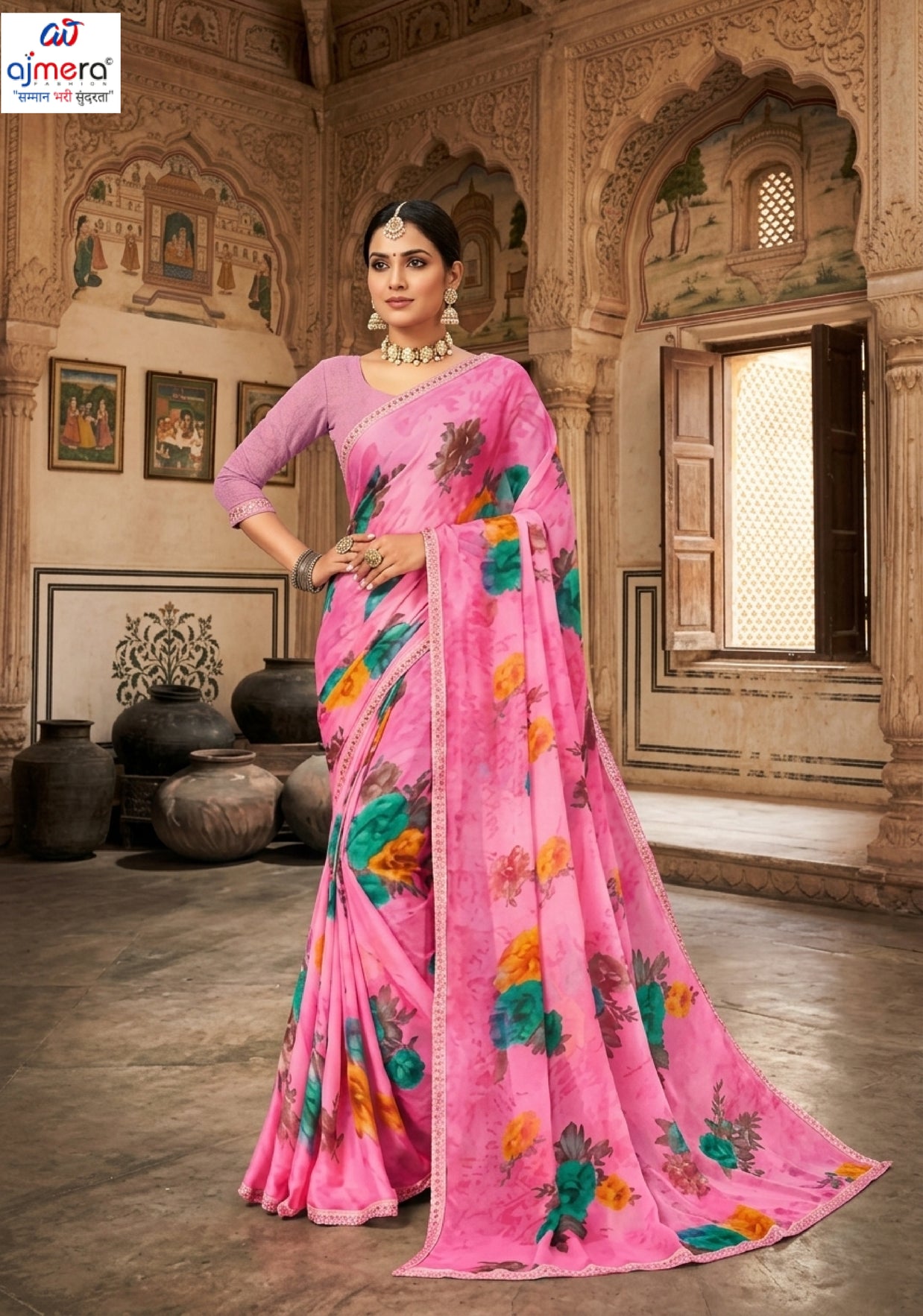 Moss Chiffon Print Loose Saree without Blouse for Premium Ethnic and Traditional Wear | JS-FLOWERY
