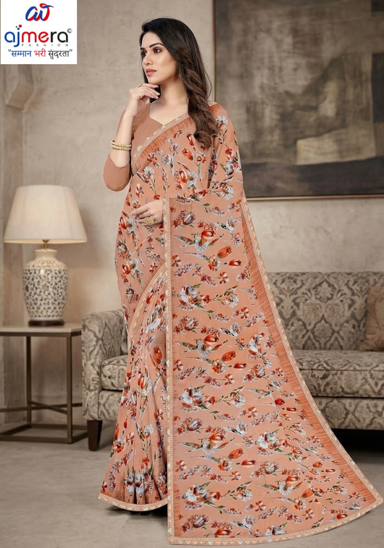 Exclusive Printed Saree with Blouse Piece for Elegant Ethnic Look  | CAS-MILK POWDER