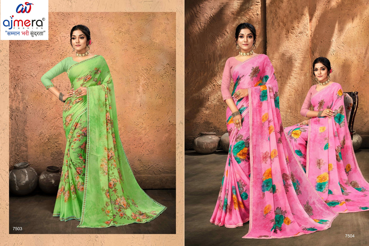 Moss Chiffon Print Loose Saree without Blouse for Premium Ethnic and Traditional Wear | JS-FLOWERY