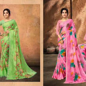 Moss Chiffon Print Loose Saree without Blouse for Premium Ethnic and Traditional Wear | JS-FLOWERY